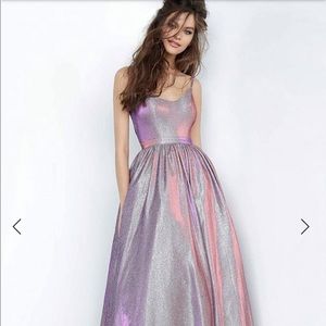 Jovani - JVN2191 Metallic Scoop Neck A-Line Gown